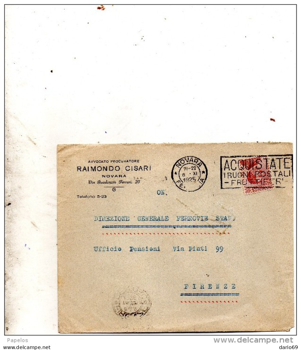 1925 LETTERA CON ANNULLO NOVARA + TARGHETTA ACQUISTATE I  BUONI FRUTTIFERI POSTALI - Storia Postale