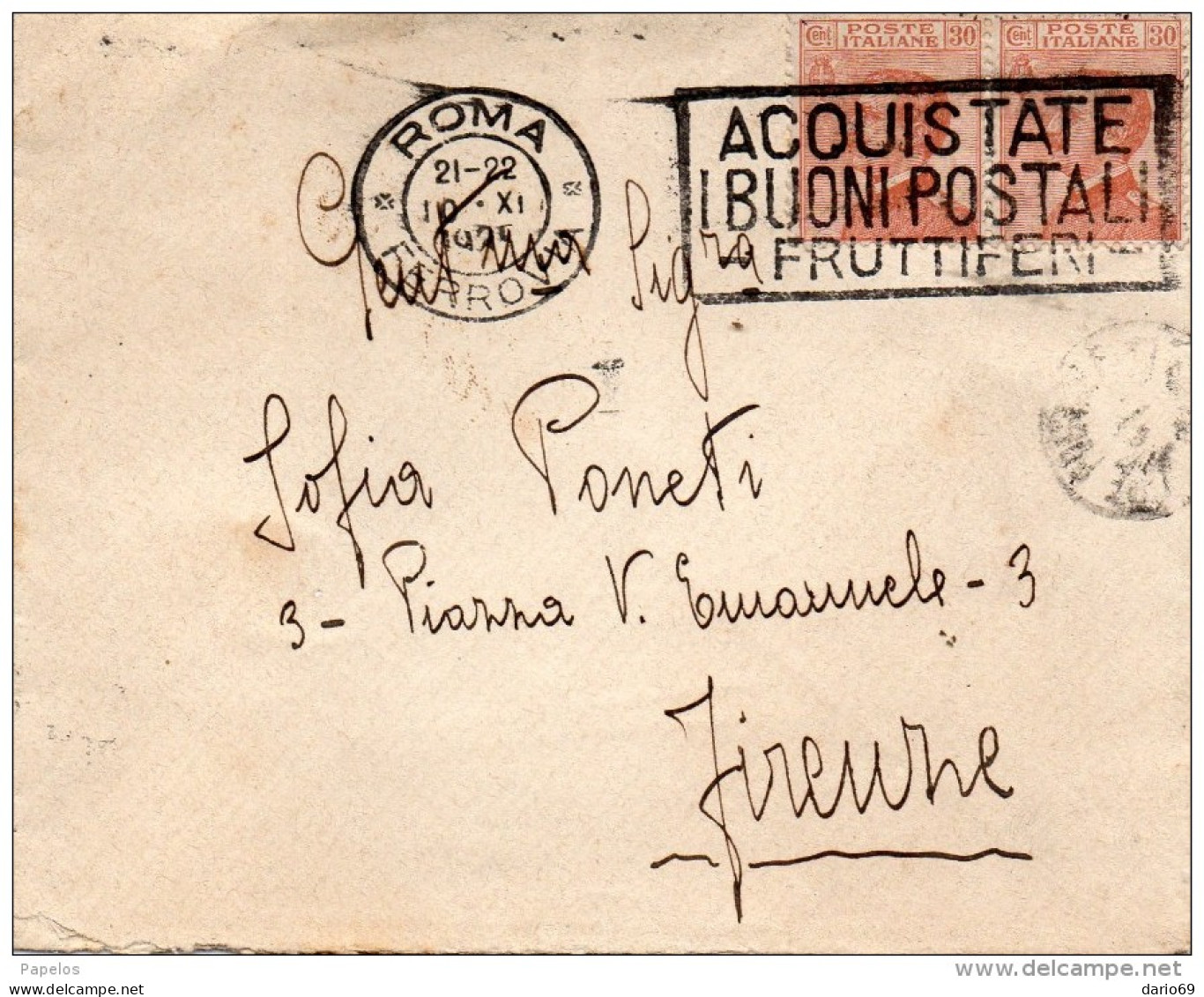 1925 LETTERA CON ANNULLO ROMA + TARGHETTA ACQUISTATE I  BUONI FRUTTIFERI POSTALI - Marcophilie