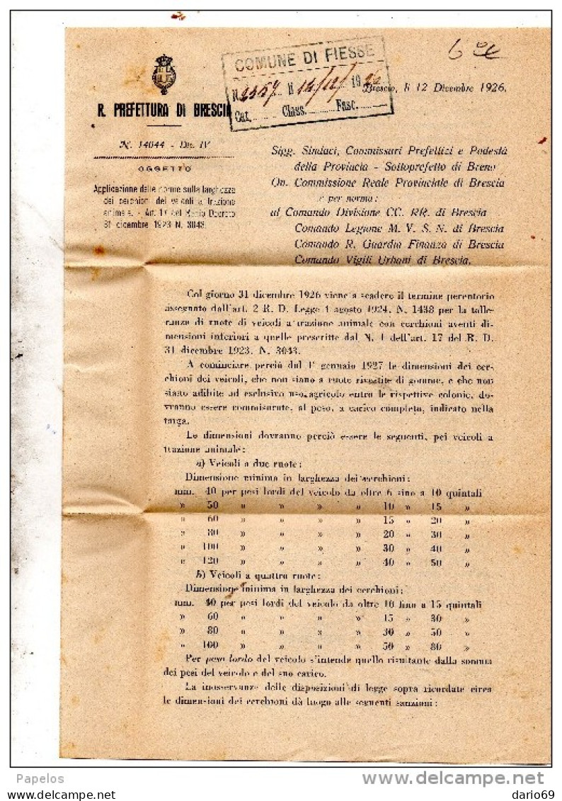 1926 LETTERA CON ANNULLO BRESCIA -  NUOVE NORME SULLA LARGHEZZA DEI CERCHIONI DEI CARRI A TRAZIONE ANIMALE - Marcophilie