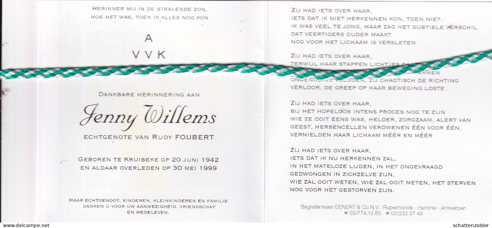 Jenny Willems-Foubert, Kruibeke 1942, 1999. AVV VVK. Foto - Overlijden