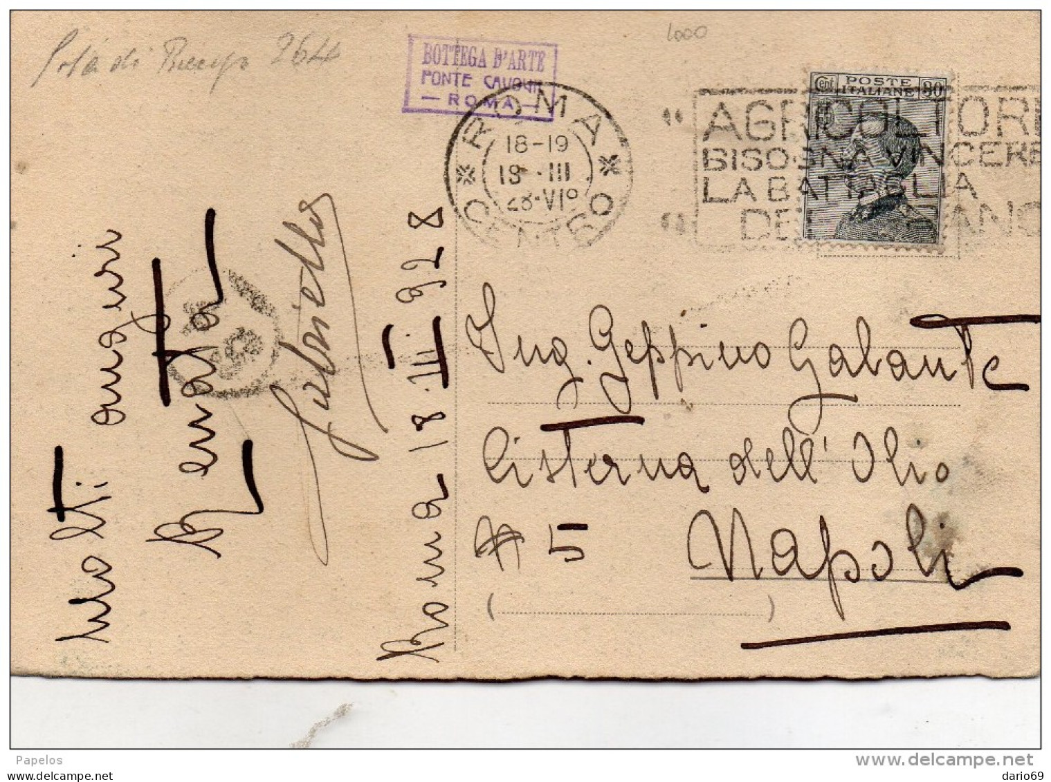 1928 CARTOLINA CON ANNULLO ROMA + TARGHETTA  VINCERE LA BATTAGLIA DEL GRANO + BOTTEGA D'ARTE MONTE CAVOUR - Storia Postale
