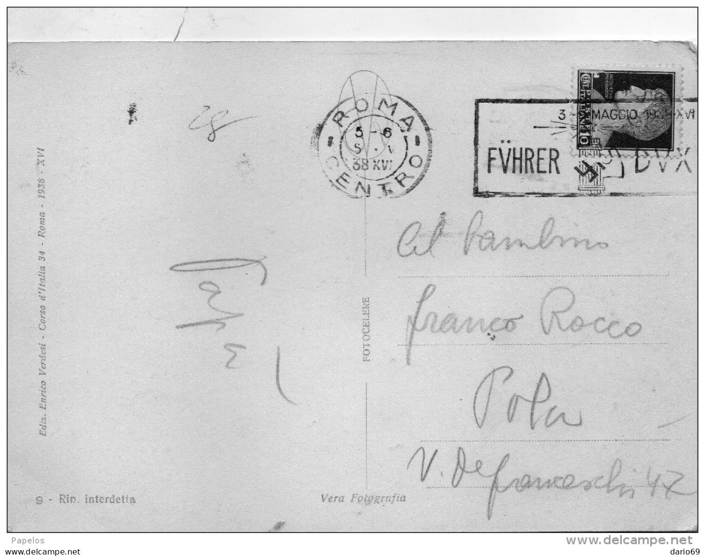 1938   CARTOLINA   CON ANNULLO ROMA + TARGHETTA CON  SVASTICA FASCISTA - Marcophilia