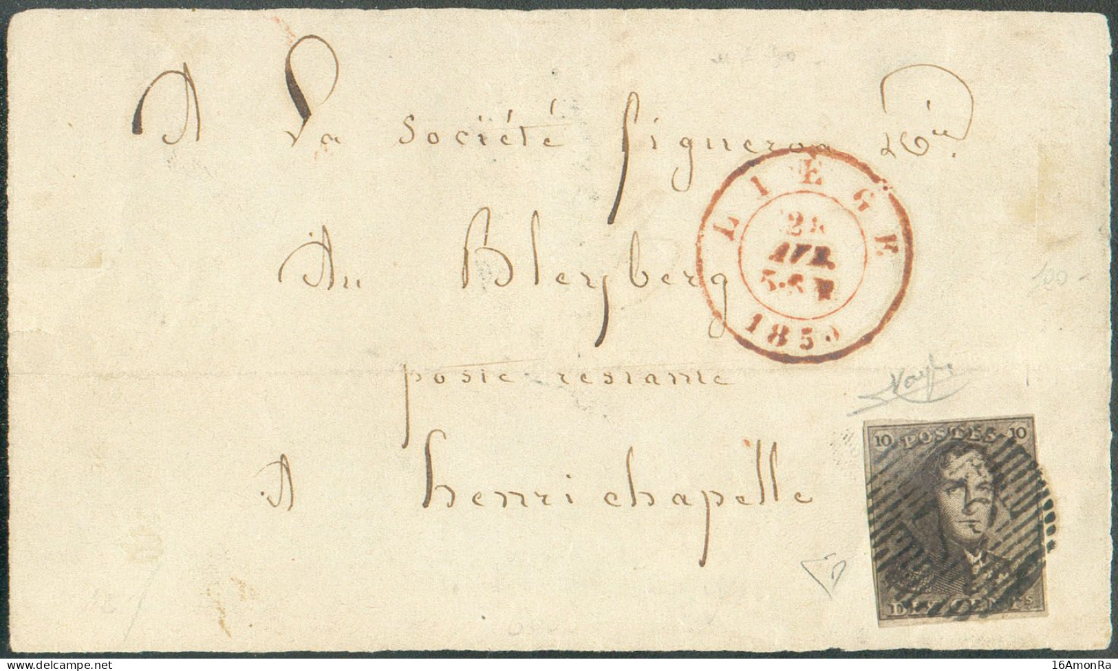 N°1 - Epaulette 10 Centimes Brune, Très Bien Margée, Obl. P.73 Sur DL. De LIEGE Le 25 Avril 1850 Vers Henri-Chapelle.  S - 1849 Epaulettes