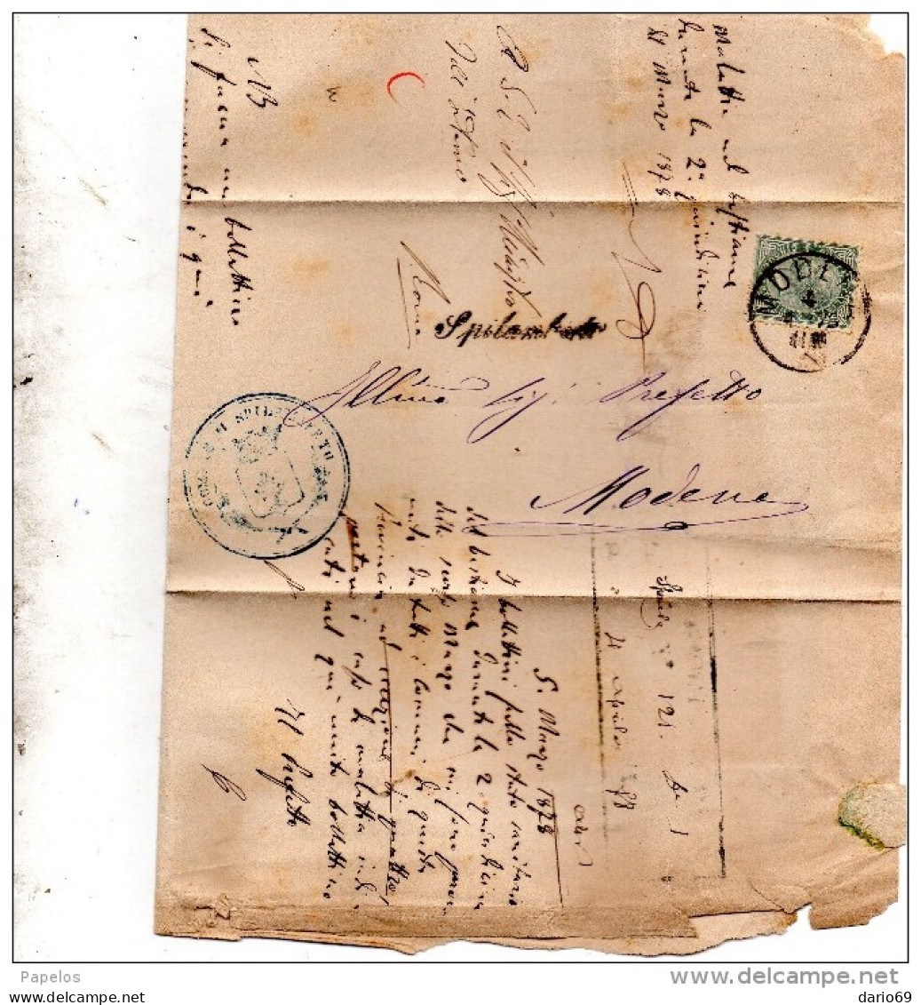 1877  LETTERA CON ANNULLO  MODENA + IN CORSIVO Spilamberto - Marcophilia