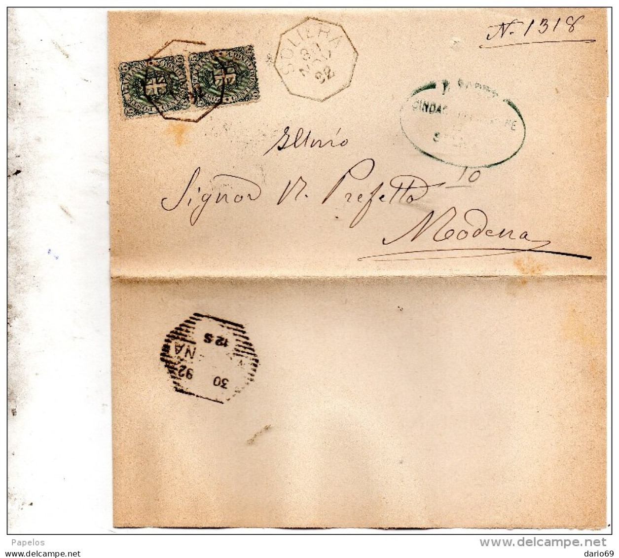 1892  LETTERA CON ANNULLO  OTTAGONALE SOLIERA MODENA - Marcophilie