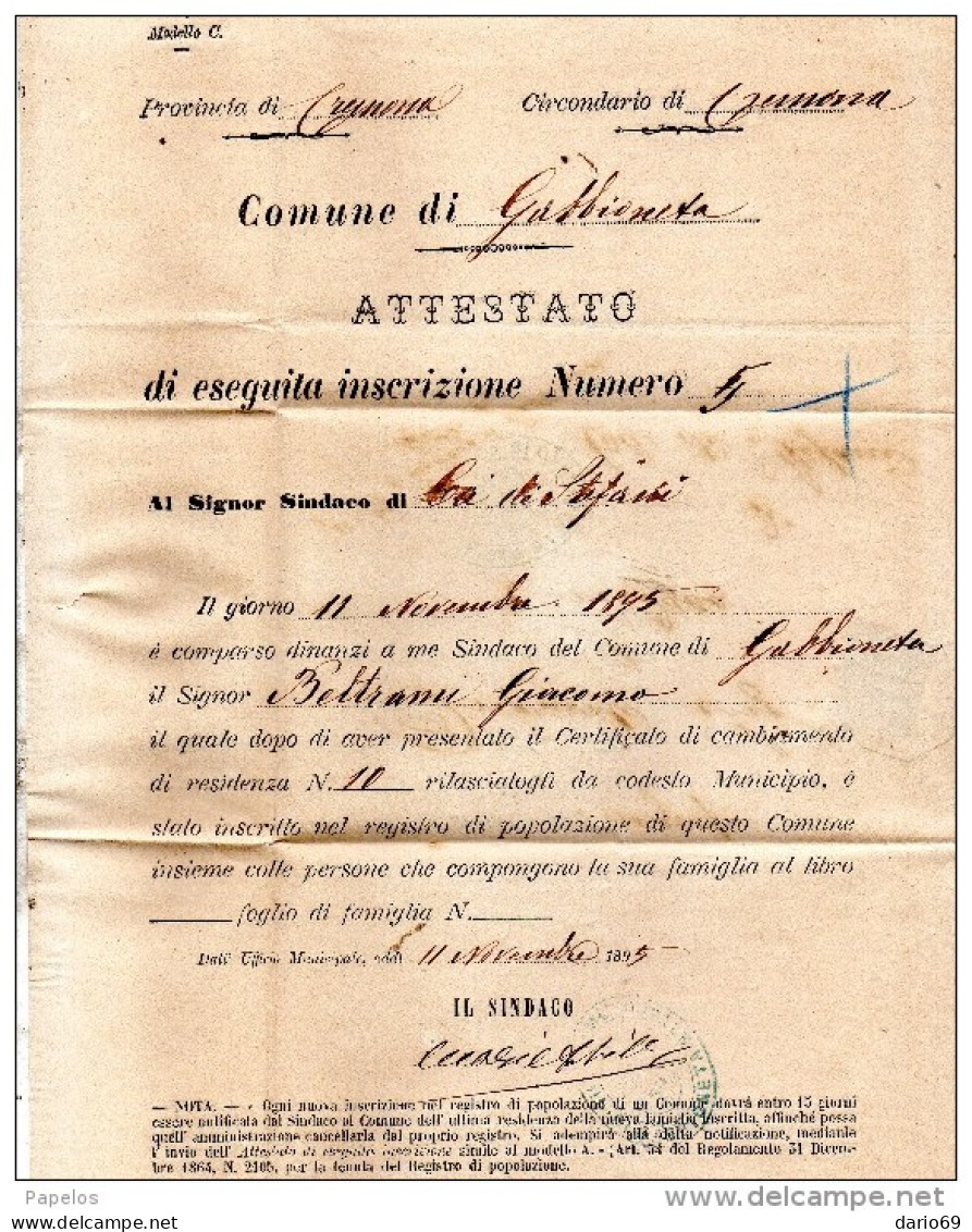 1895  LETTERA CON ANNULLO  OTTAGONALE GABBIONETA  CREMONA - Marcophilie