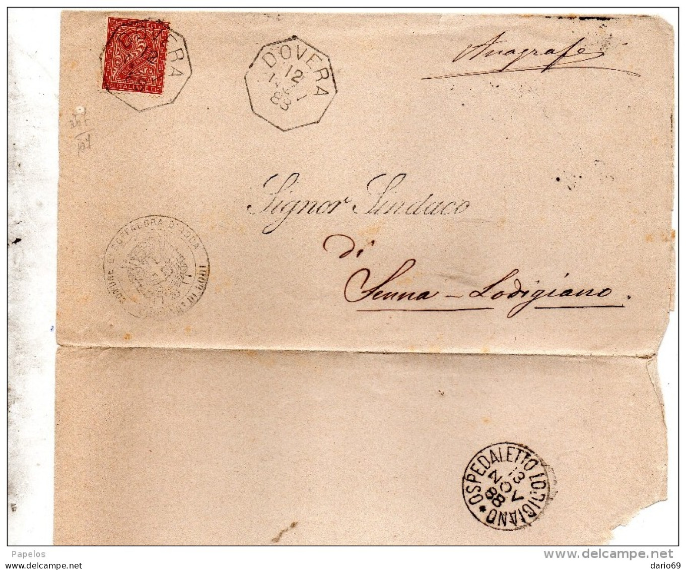 1888  LETTERA CON ANNULLO  OTTAGONALE DOVERA CREMONA + OSPEDALETTO LODIGIANO - Poststempel