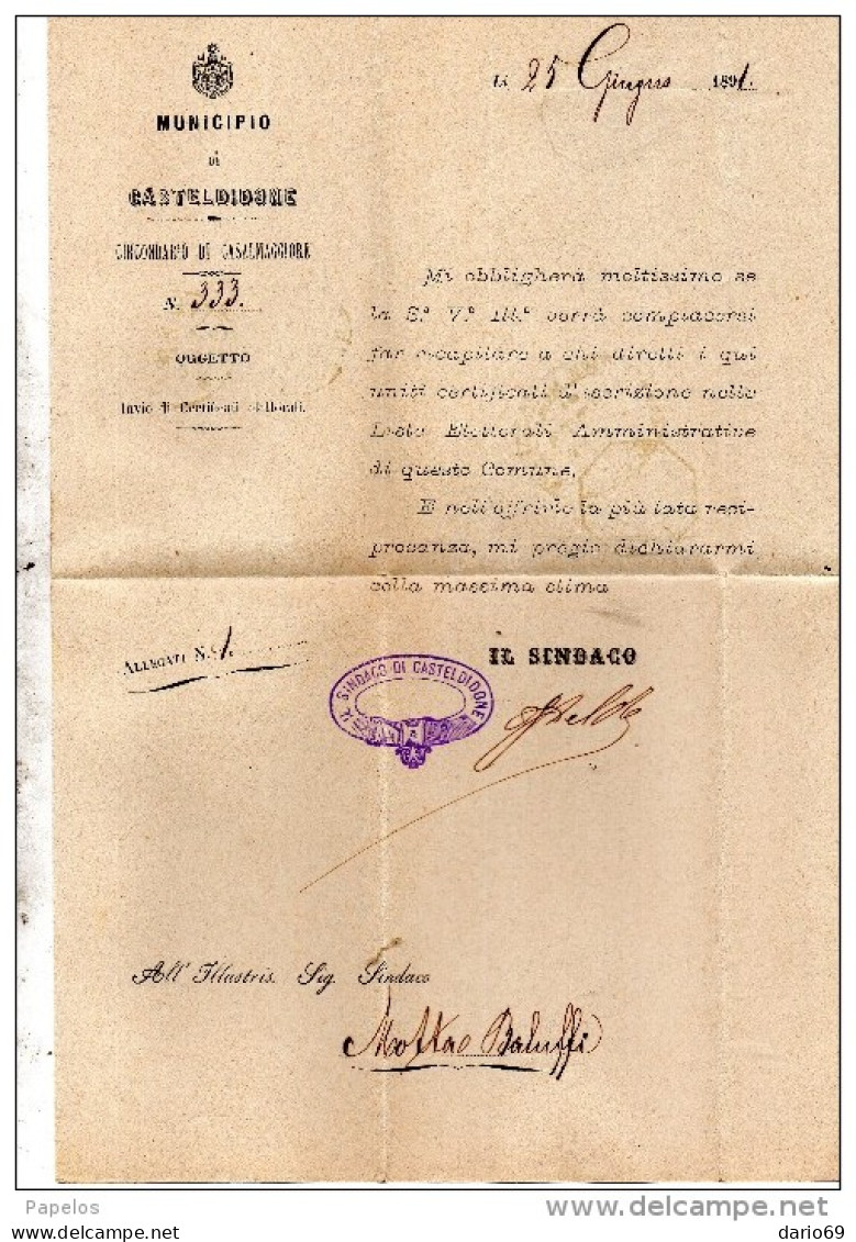 1891  LETTERA CON ANNULLO  OTTAGONALE MOTTA BALUFFI  CREMONA - Marcophilia