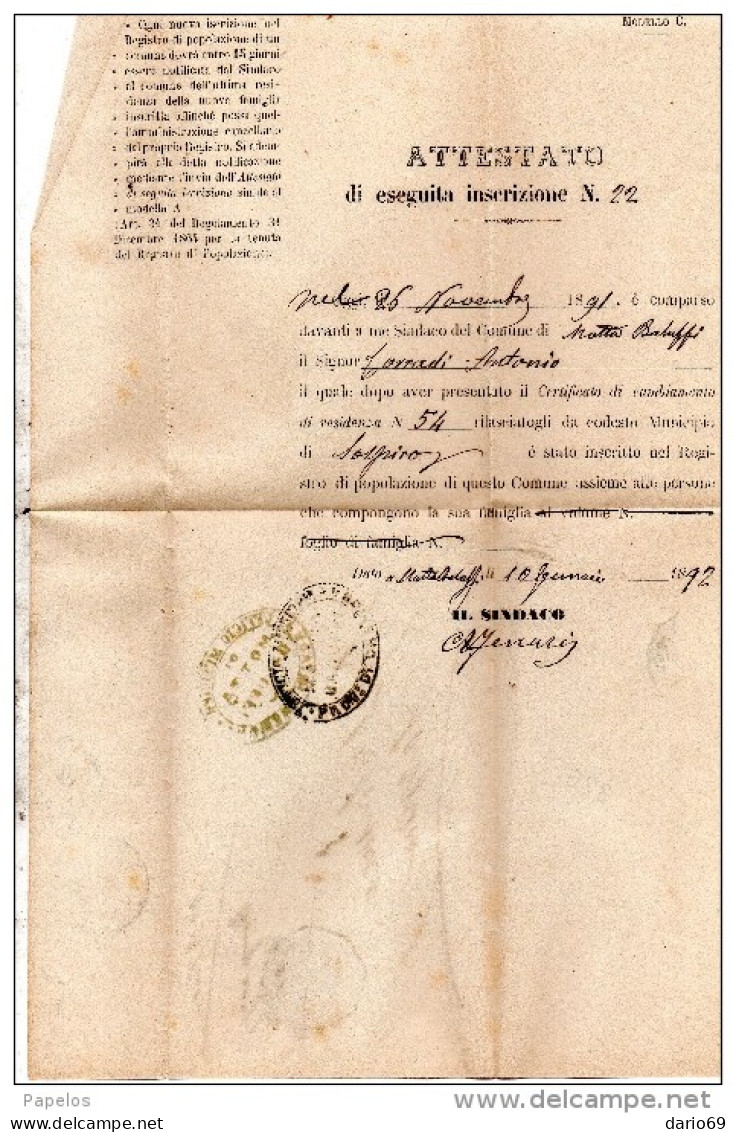 1892  LETTERA CON ANNULLO  OTTAGONALE MOTTA BALUFFI  CREMONA - Marcophilie