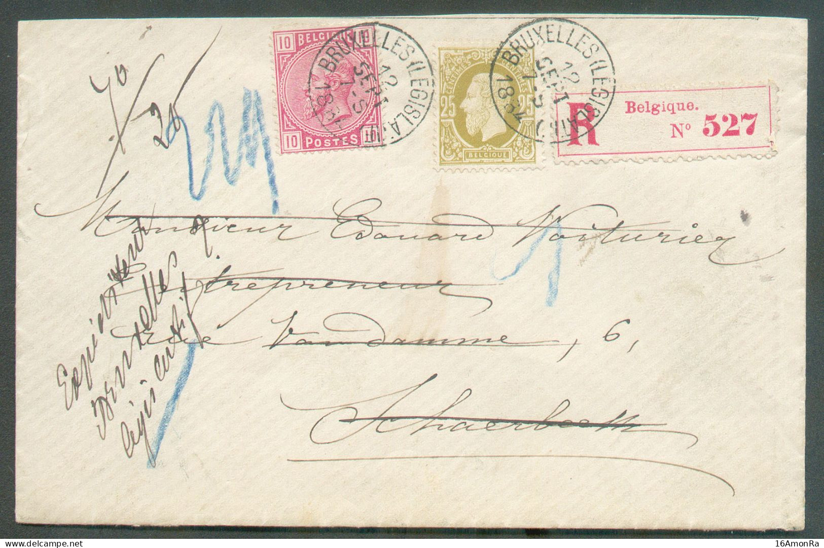 N°38 En Affr. Mixte Avec N°32 (25c. Em. 1869) Obl. Sc BRUXELLES (LEGISLATIF) Sur Lettre Recommandée Du 12 Sept. 1884 Ver - 1883 Leopold II