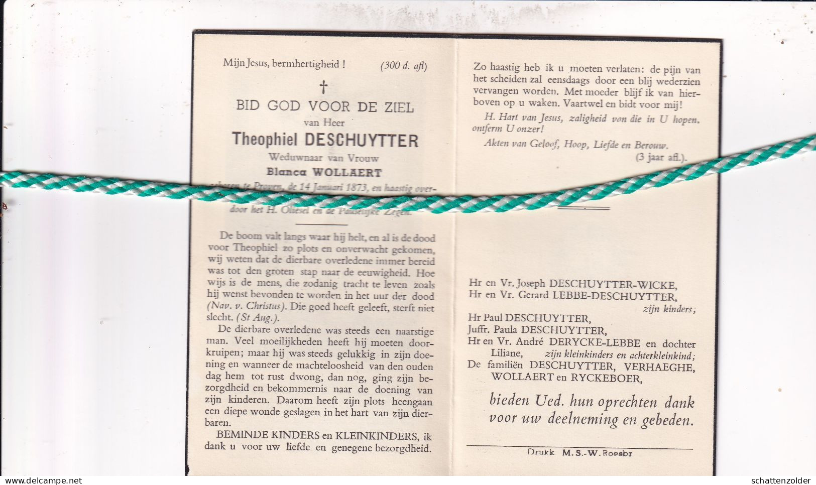 Theophiel Deschuytter-Wollaert, Proven 1873, Westvleteren 1953 - Obituary Notices
