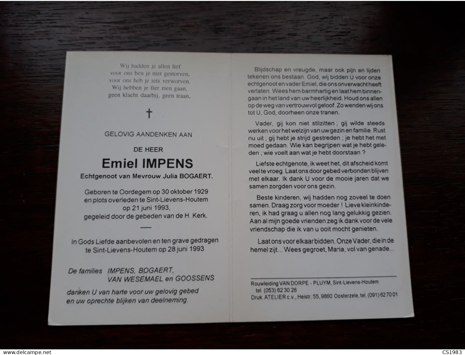 Emiel Impens ° Oordegem 1929 + Sint-Lievens-Houtem 1993 X Julia Bogaert (Fam: Van Wesemael - Goossens) - Décès
