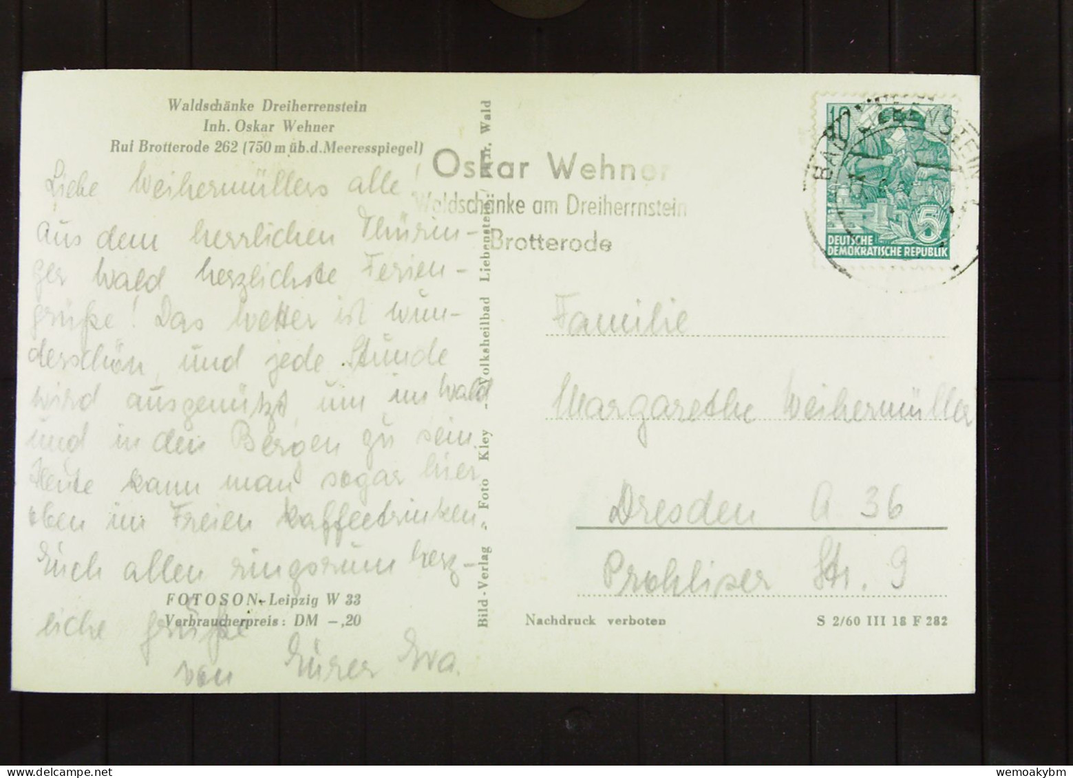 DDR: AK Von Der Waldgaststätte Dreiherrenstein Brotterode (Thüringen) Inh. Oskar Wehner Vom 11.6.1964 Nach Dresden - Schmalkalden