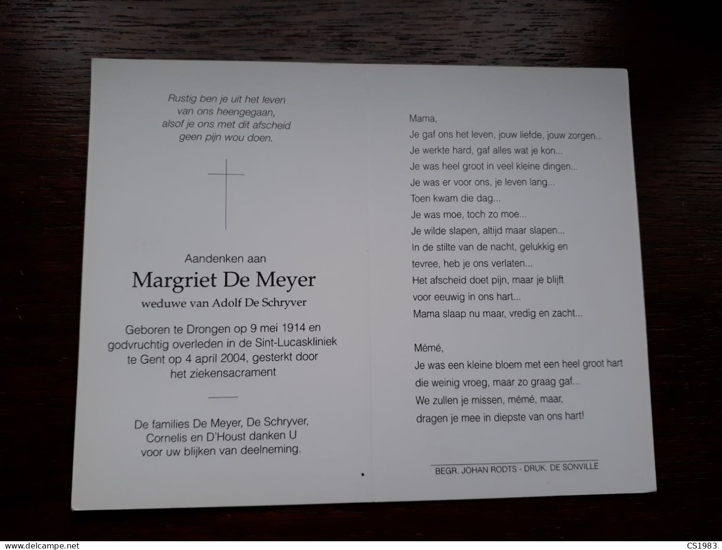 Margriet De Meyer ° Drongen 1914 + Gent 2004 X Adolf De Schryver (Fam: Cornelis - D'Houst) - Décès