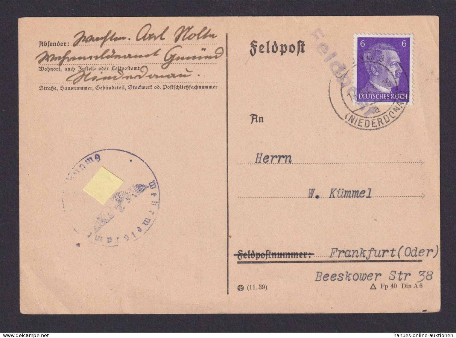 Österreich Ostmark Deutsches Reich Viol. L1 Feldpost Gmünd Niederdonau Frankfurt - Cartas & Documentos