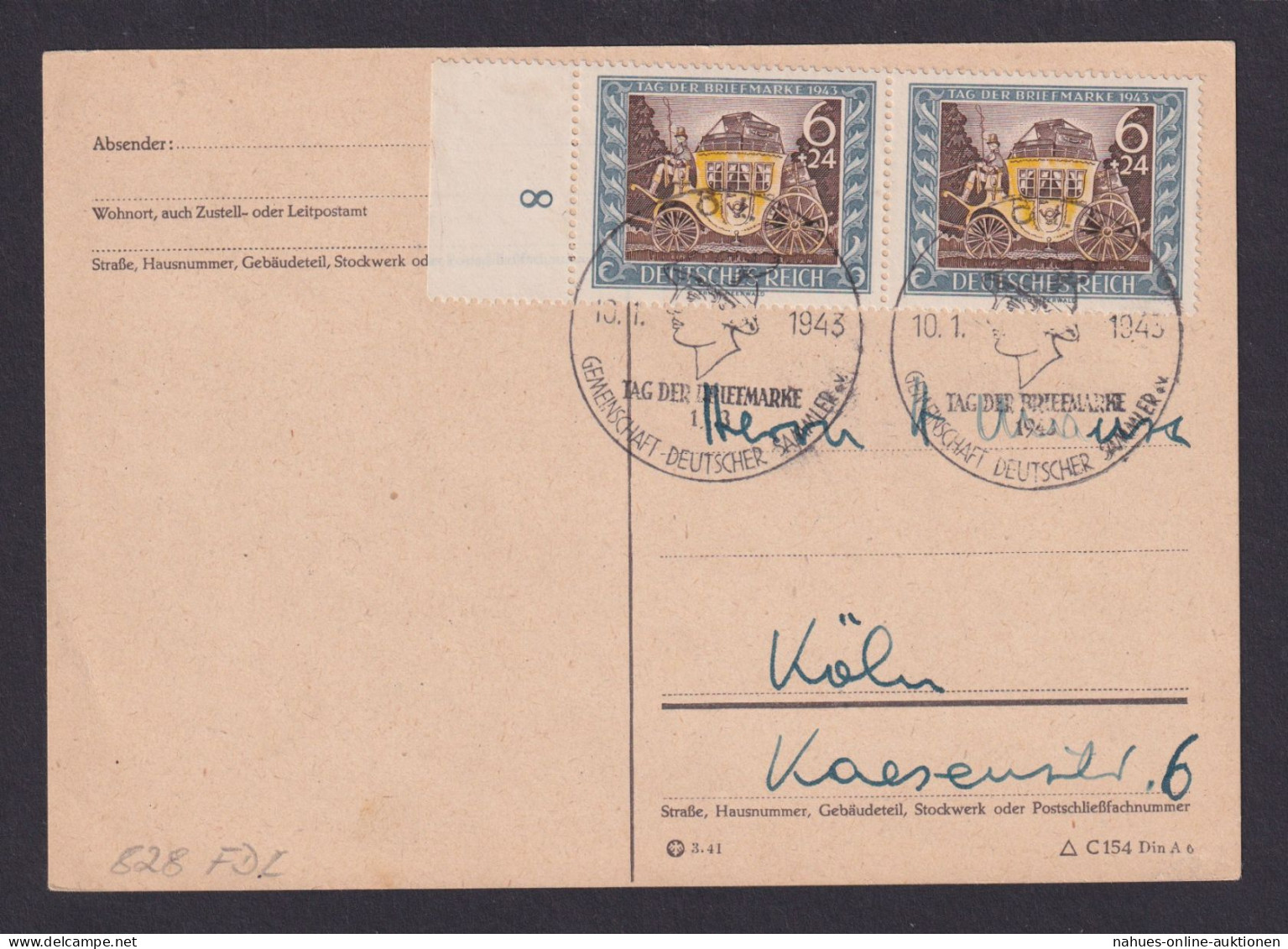 Deutsches Reich MEF 828 Selt FDC Rand Paar Köln SSt Philatelie Tag D. Briefmarke - Lettres & Documents