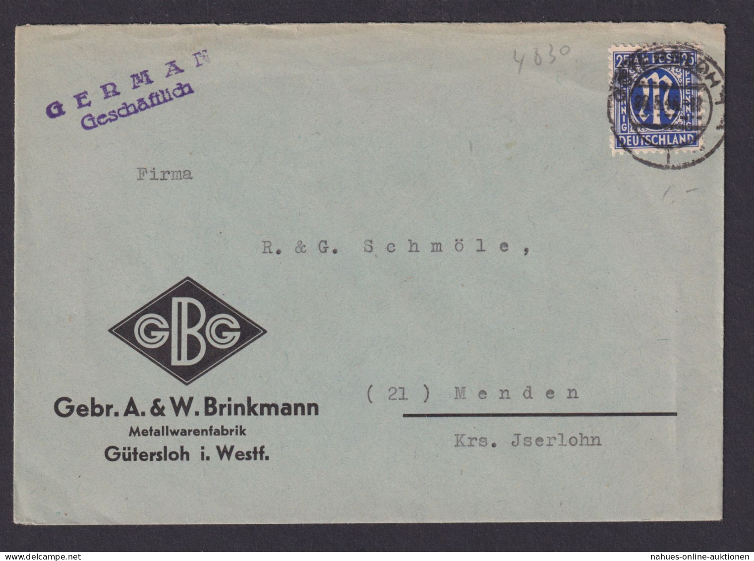 Alliierte Besetzung Bizone EF 25 Pfg. AM Post Brief Gütersloh Westfalen Menden - Lettres & Documents
