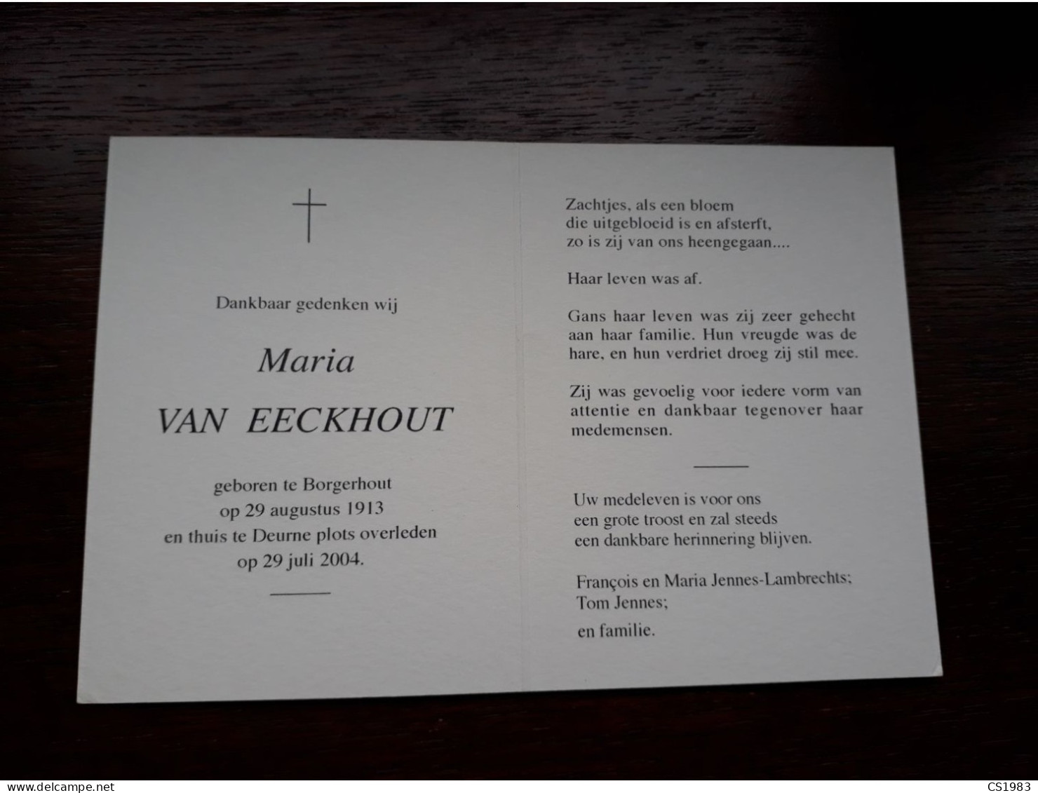 Maria Van Eeckhout ° Borgerhout 1913 + Deurne 2004 (Fam: Jennes - Lambrechts) - Décès