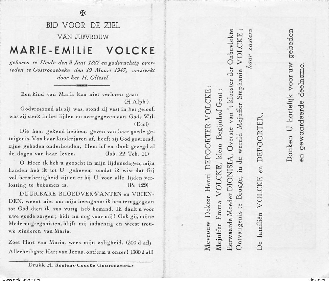 Doodsprentje / Image Mortuaire Marie Volcke - Heule Oostrozebeke 1867-1947 - Obituary Notices