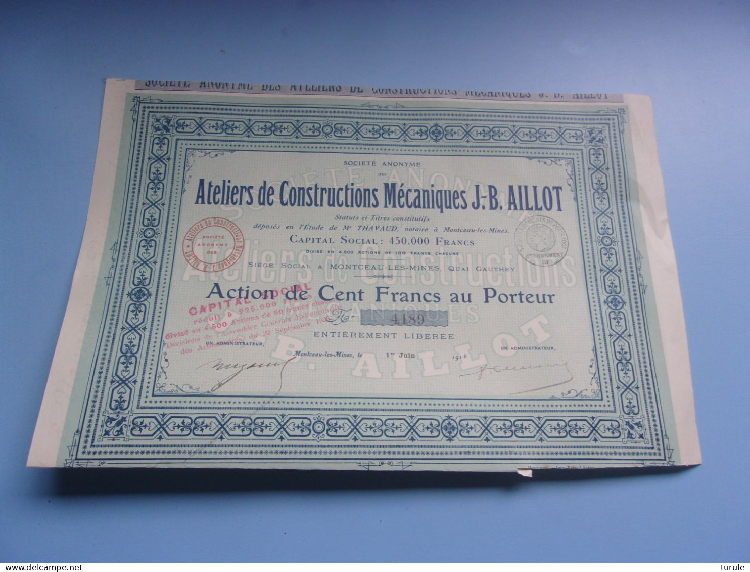 Ateliers De Constructions Mécaniques J.B. AILLOT (1916) Montceau Les Mines,saone Et Loire - Autres & Non Classés