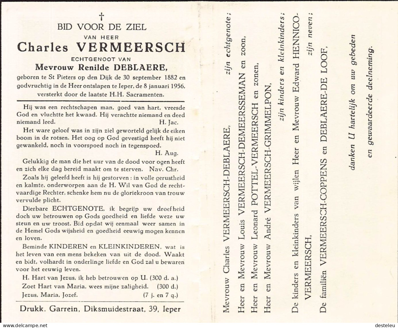 Doodsprentje / Image Mortuaire Charles Vermeersch - Deblaere Sint-Pieters Op Den Dijk - Heer 1882-1956 - Décès