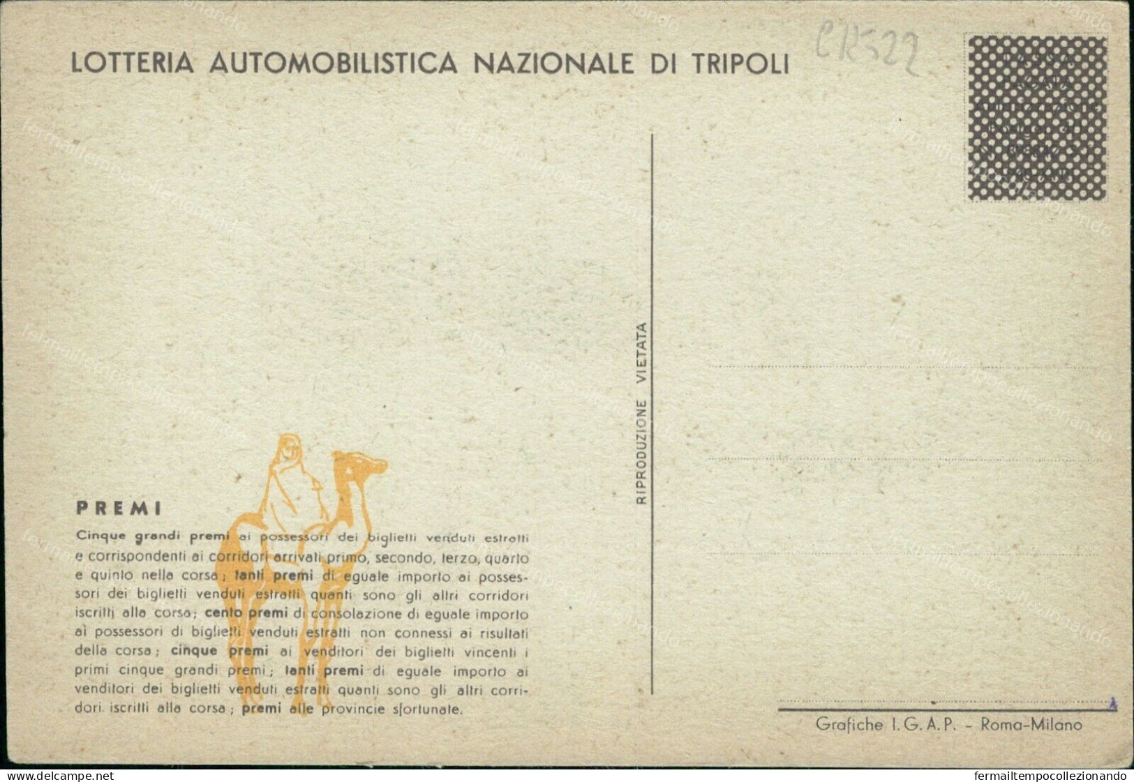 Cr522 Cartolina  Lotteria Automobilistica Nazionale Di Tripoli - Werbepostkarten