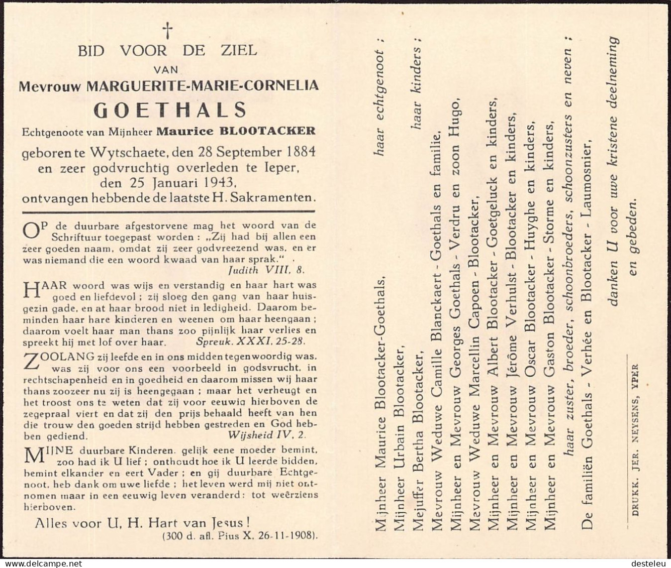 Doodsprentje / Image Mortuaire Marguerite Goethals - Blootacker Wijtschate Ieper 1884-1943 - Obituary Notices