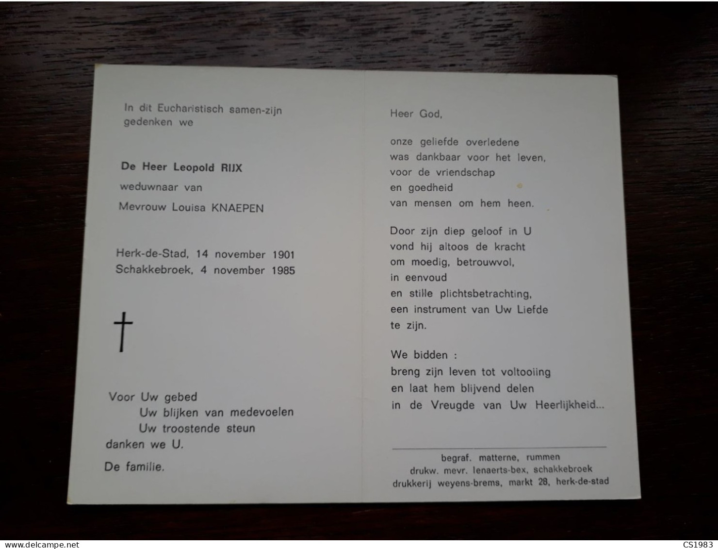 Leopold Rijx ° Herk-de-Stad 1901 + Schakkebroek 1985 X Louisa Knaepen - Obituary Notices
