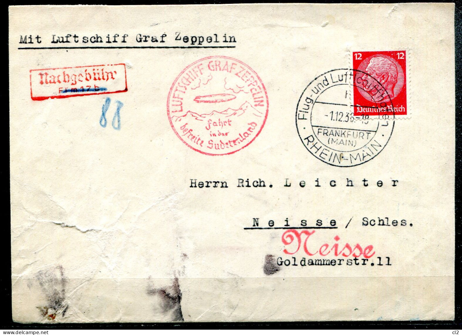 ALLEMAGNE - 1.12.36 - Luftschiff Graf Zeppelin Fahrt In Der Befreite Sudetenland (Frankfurt Nach Neisse/Schles.) - Covers & Documents