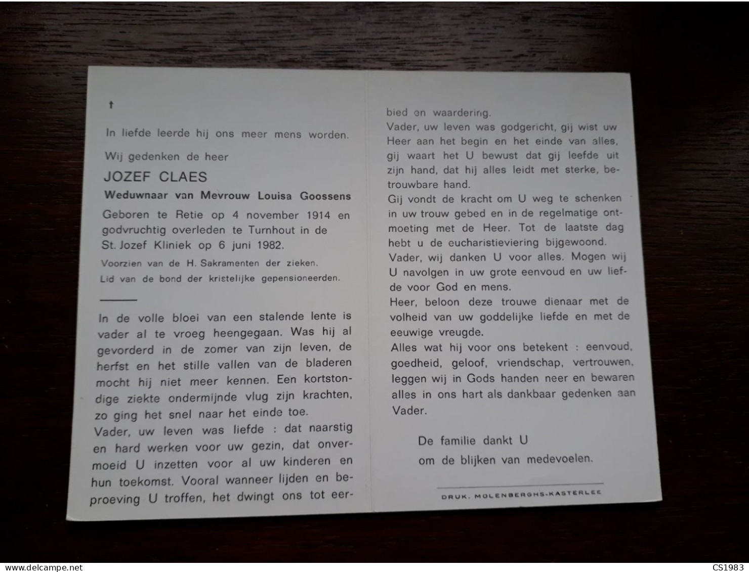 Jozef Claes ° Retie 1914 + Turnhout 1982 X Louisa Goossens - Obituary Notices