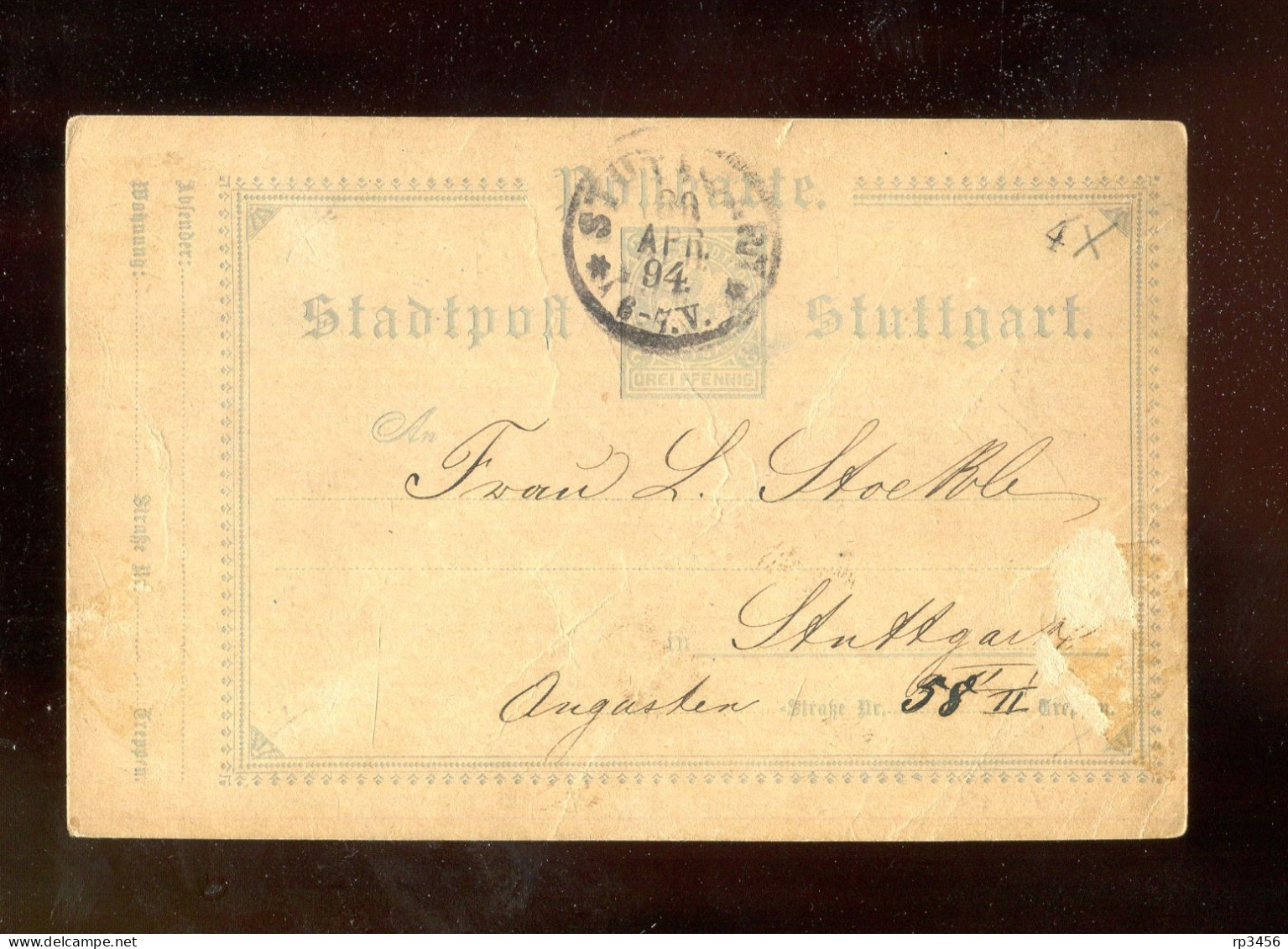 "STADTPOST STUTTGART" 1894, Postkarte Gestempelt (R2031) - Private & Local Mails