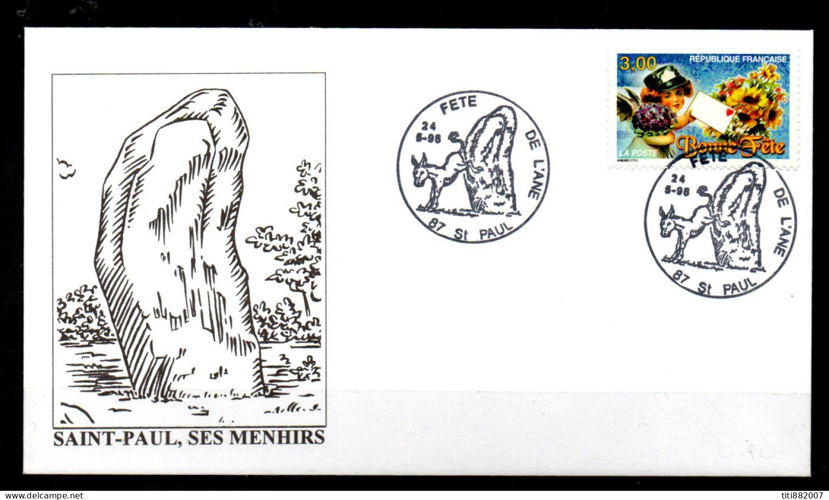 FRANCE   -   Enveloppe  .1998.   Fête  De  L' âne  à St-Paul.   Ses Menhirs - Donkeys