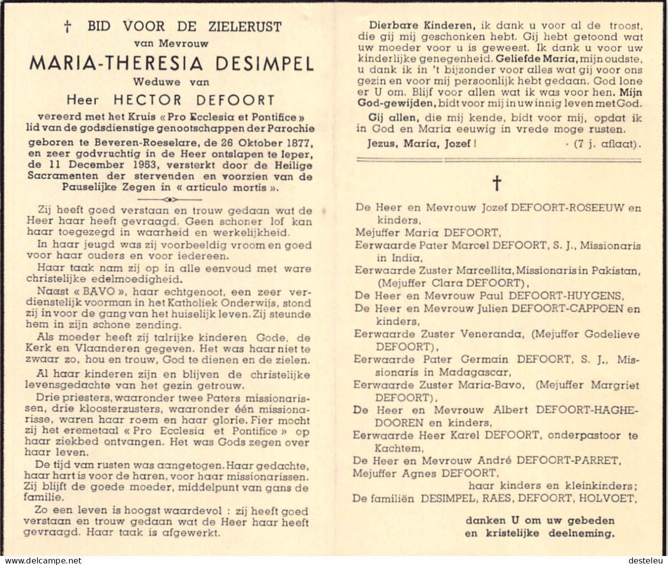 Doodsprentje / Image Mortuaire Maria-Theresia Desimpel - Defoort - Beveren Ieper - 1877-1953 - Décès