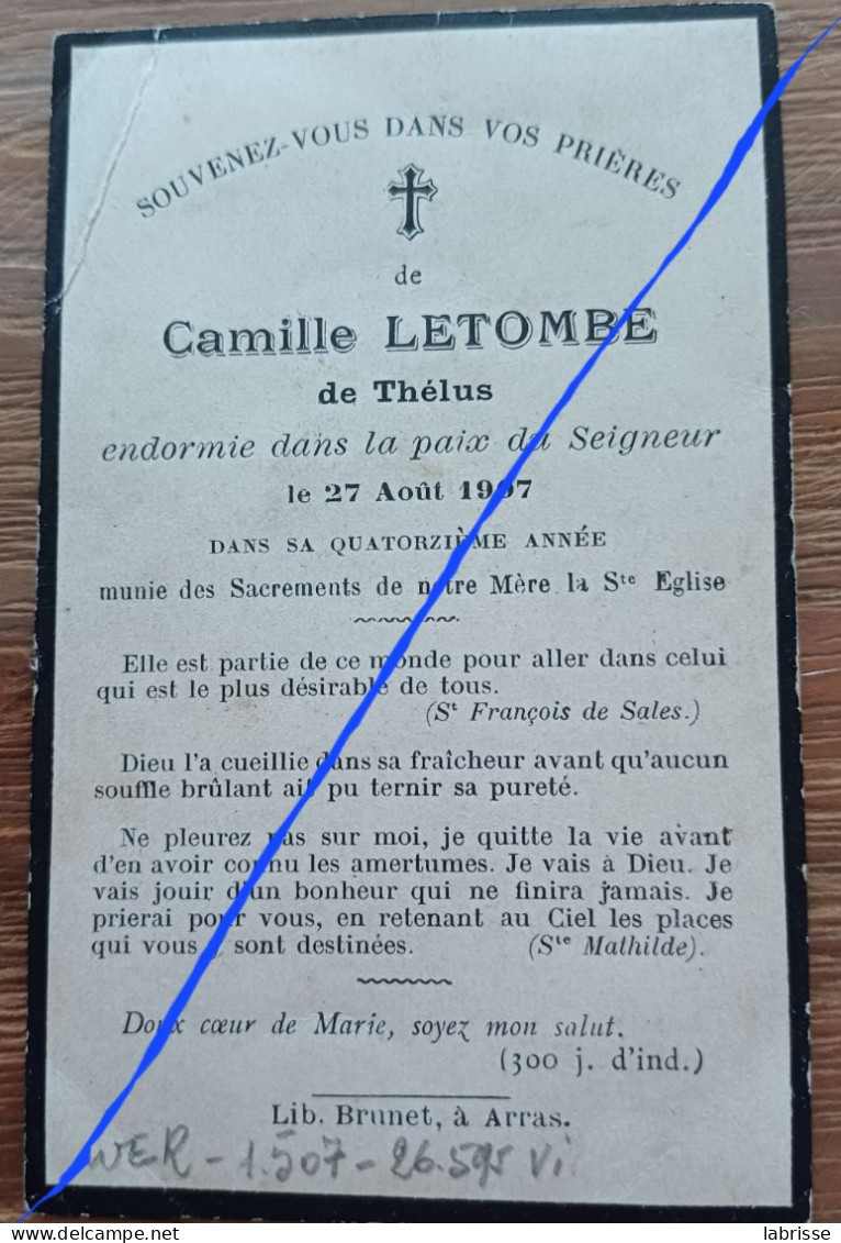 Image Religieuse Pieuse Camille Letombe De Thelus Décédé En 1907 Pas De Calais - Devotion Images