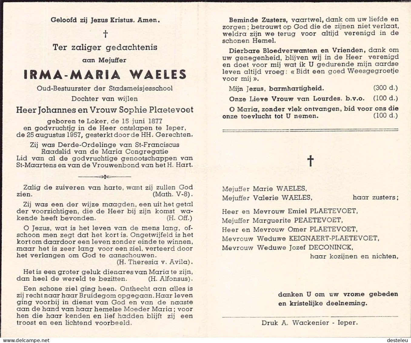 Doodsprentje / Image Mortuaire Irma-Maria Waeles - Plaetevoet Loker Ieper 1877-1957 - Décès