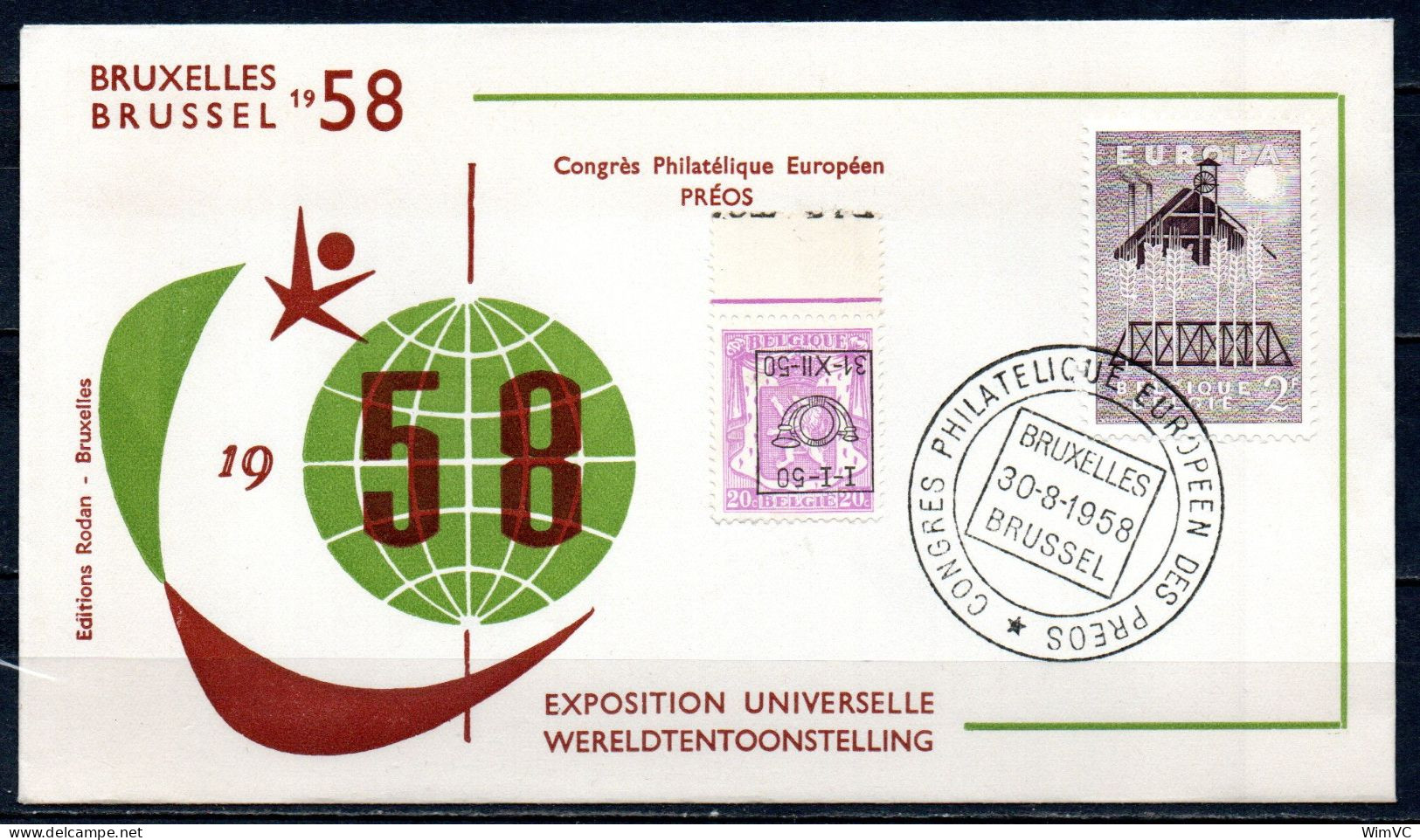 PRE 601-Cu Op FDC Congres Philatelique Europeen Des Preos - Bruxelles - Brussel 1958 - Cote 40,00 - Typos 1936-51 (Petit Sceau)