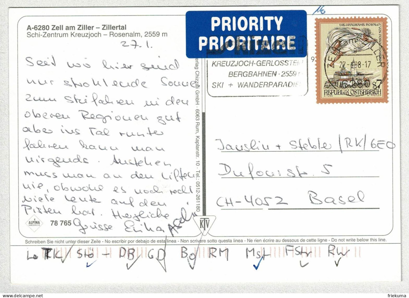 Oesterreich / Austria 1996, Postkarte Zell Am Ziller - Basel (Schweiz), Bergbahnen, Ski, Wandern - Other & Unclassified