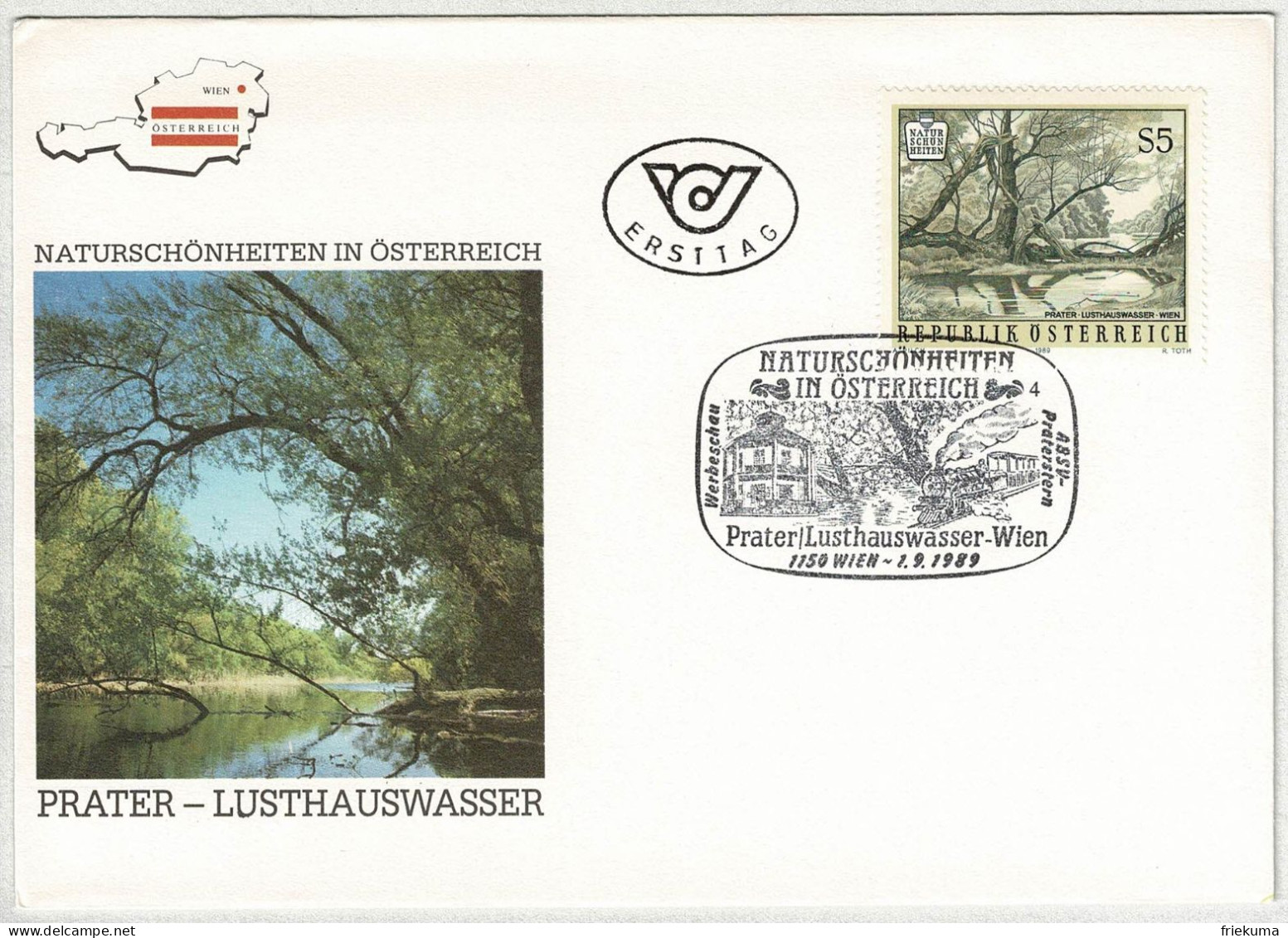 Oesterreich / Austria 1989, FDC Naturschönheiten Prater Lusthauswasser Wien, Eisenbahn / Railway - Environment & Climate Protection