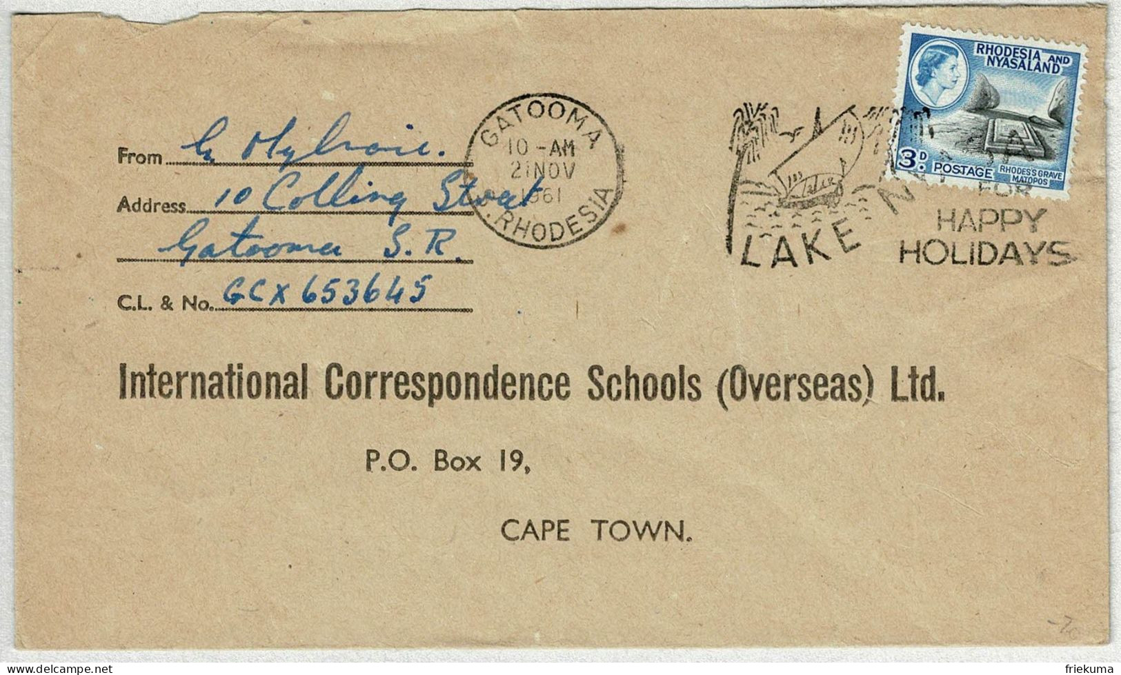 Rhodesia And Nyasaland 1961, Brief Gatooma - Cape Town, Happy Holidays, Ferien / Vacances - Autres & Non Classés