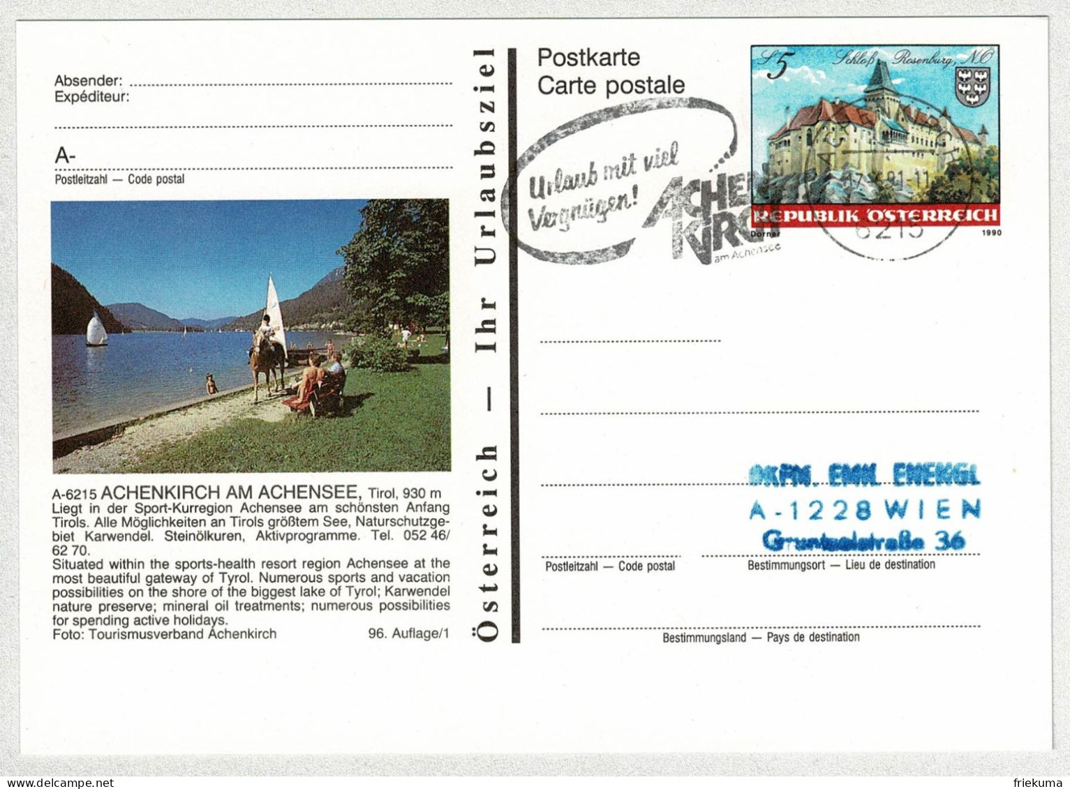 Oesterreich / Austria 1991, Bildpostkarte Achenkirch Achensee - Wien, Urlaub / Ferien / Vacances / Holidays - Sonstige & Ohne Zuordnung