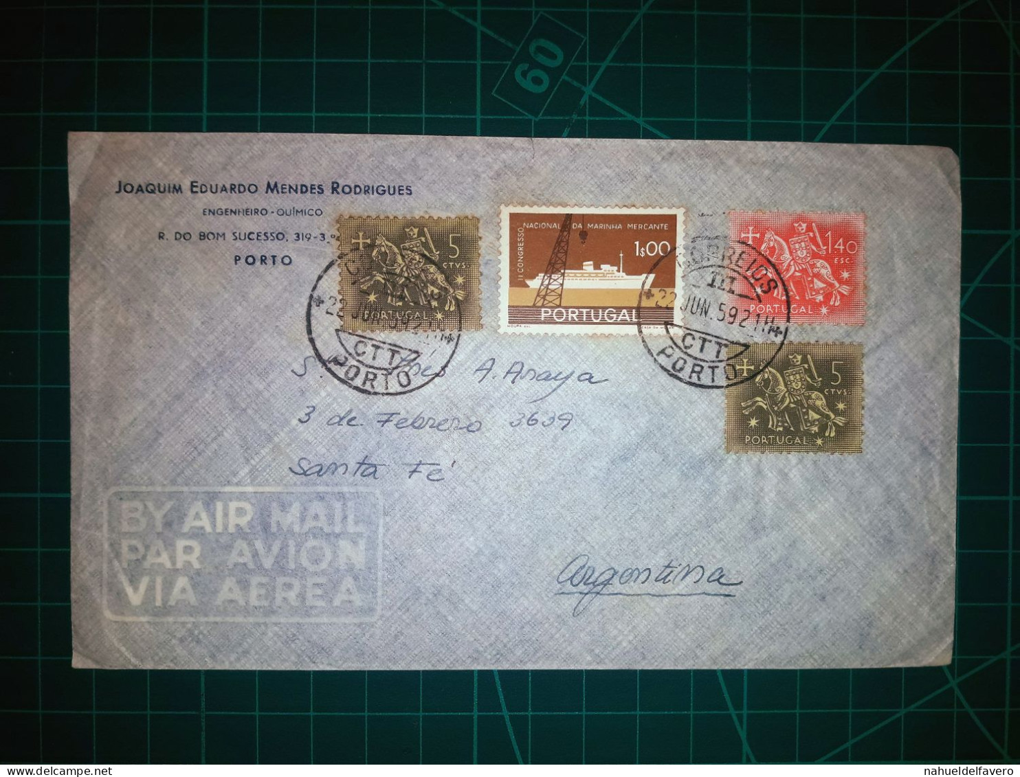 PORTUGAL. Enveloppe Circulant Par Avion Avec Divers Timbres Postaux (Mounted Knight, Merchant Marine Et Autres). Décenni - Usado