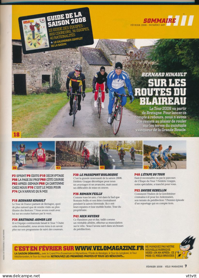 VELO MAGAZINE, Février 2008, N° 449, Hinault, Les équipes, Le Calendrier, Romain Feillu, Rebellin, Circuits Dans Le Gard - Sport