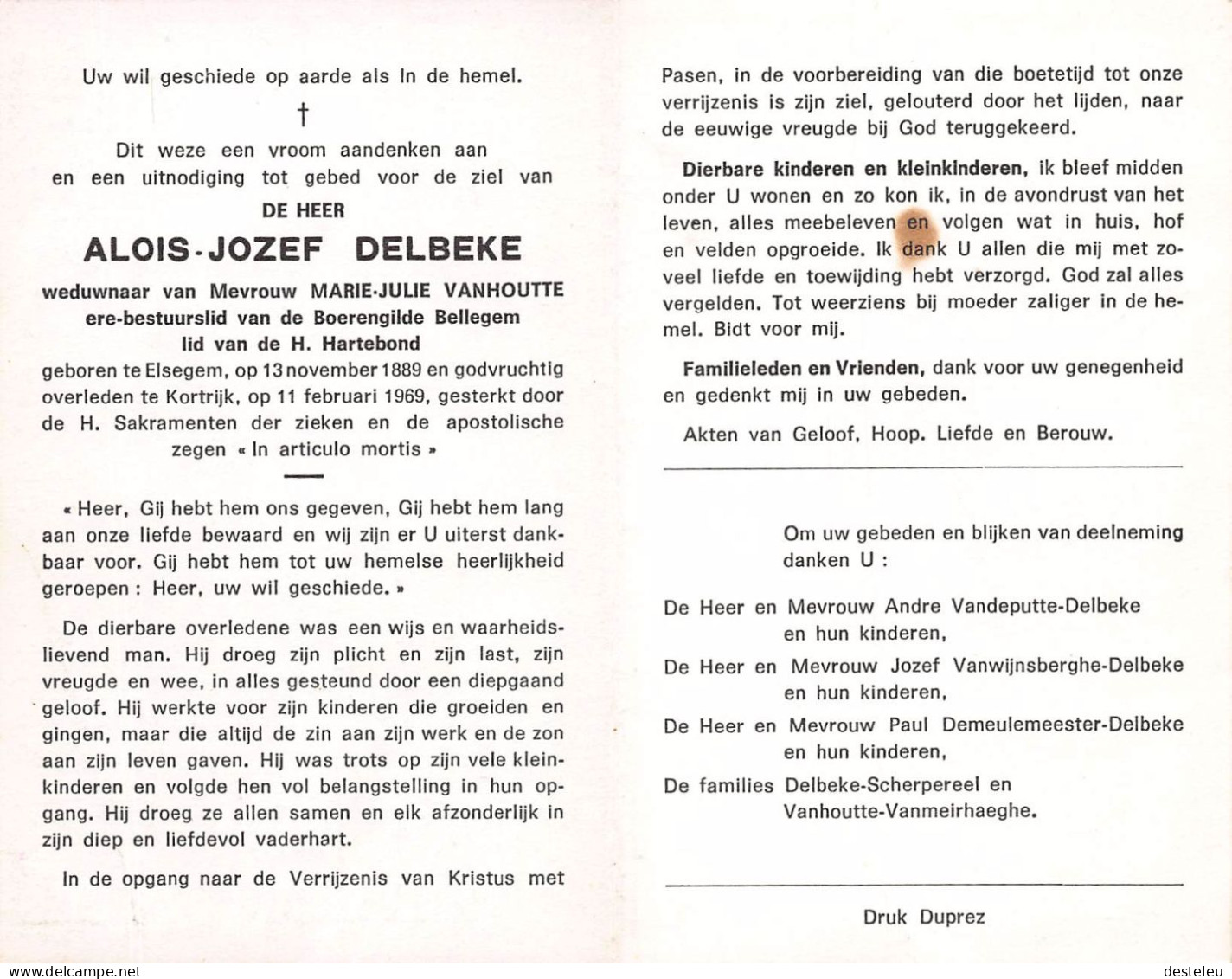 Doodsprentje / Image Mortuaire Alois Delbeke - Vanhoutte - Elsegem Bellegem Kortrijk 1889-1969 - Obituary Notices