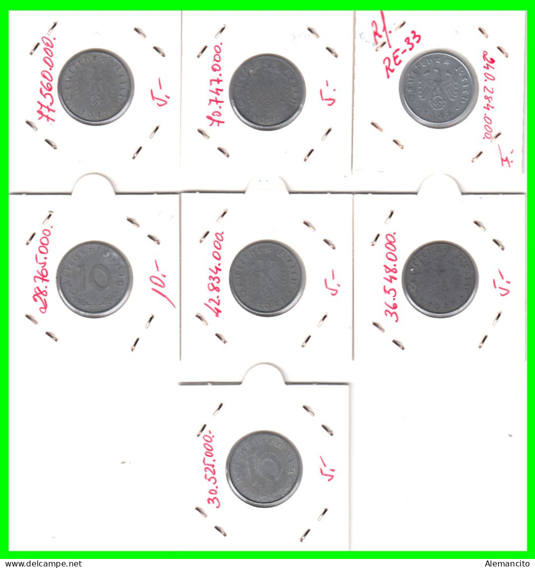 ALEMANIA - GERMANY SERIE DE 7 MONEDAS DE 10 REICHSPFNNIG TERCER REICHS ( AÑO 1941 CECAS - A - B -D - E - F - G - J ) - 10 Reichspfennig