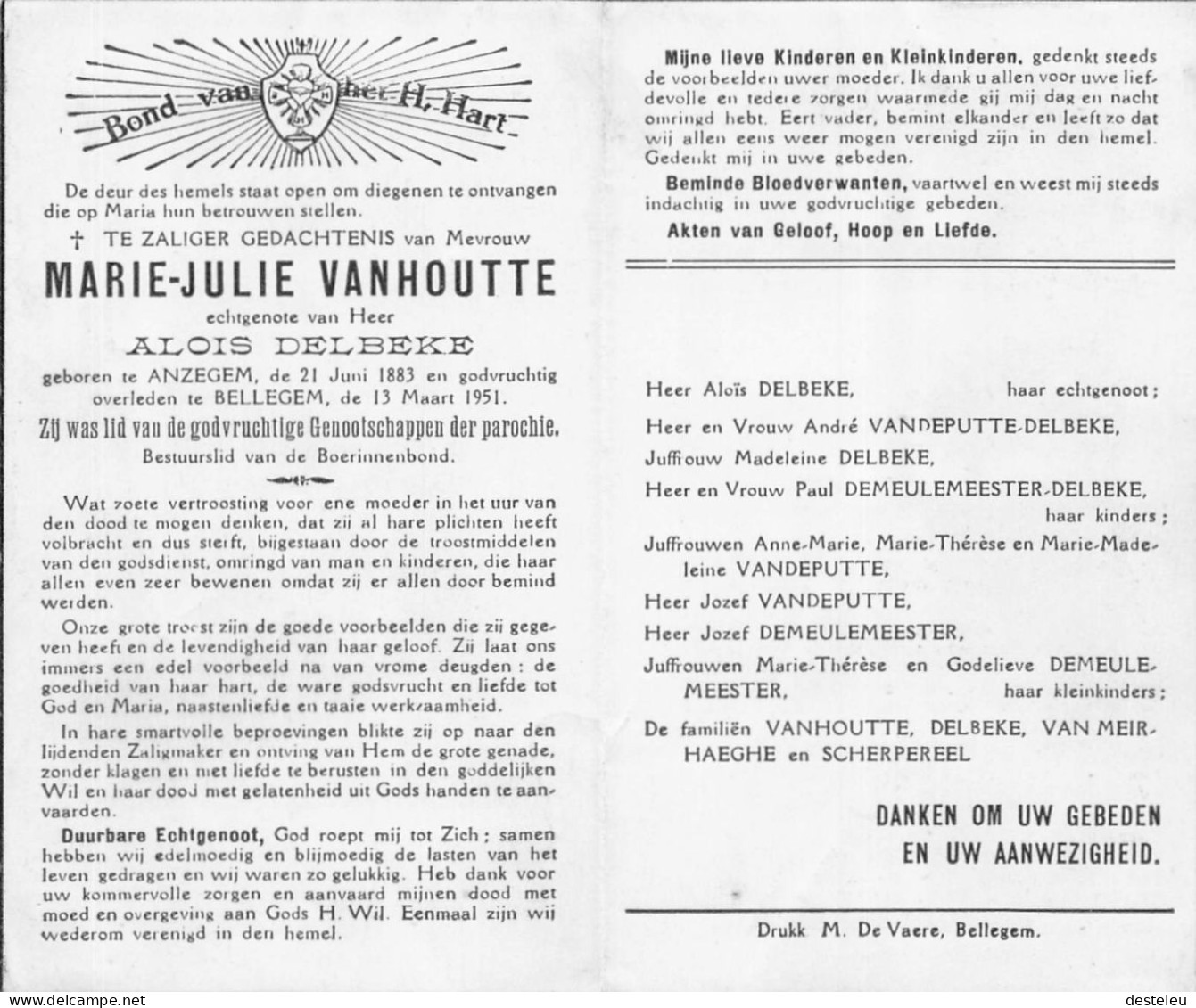 Doodsprentje / Image Mortuaire Marie Vanhoutte - Debeke Anzegem Bellegem 1883-1951 - Décès