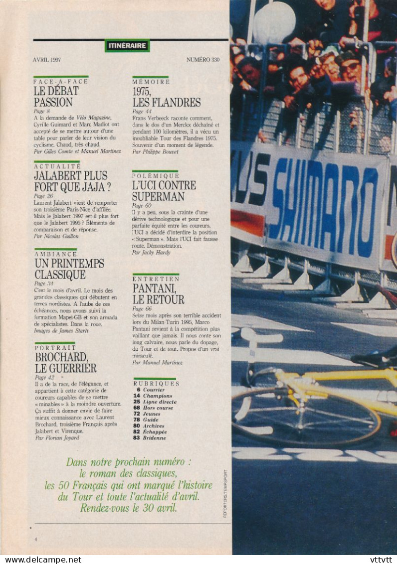 VELO MAGAZINE, Avril 1997, N° 330, Laurent Jalabert, Brochard, Verbeek, Guimard, Marc Madiot, Mapei-GB, Marco Pantani... - Sport