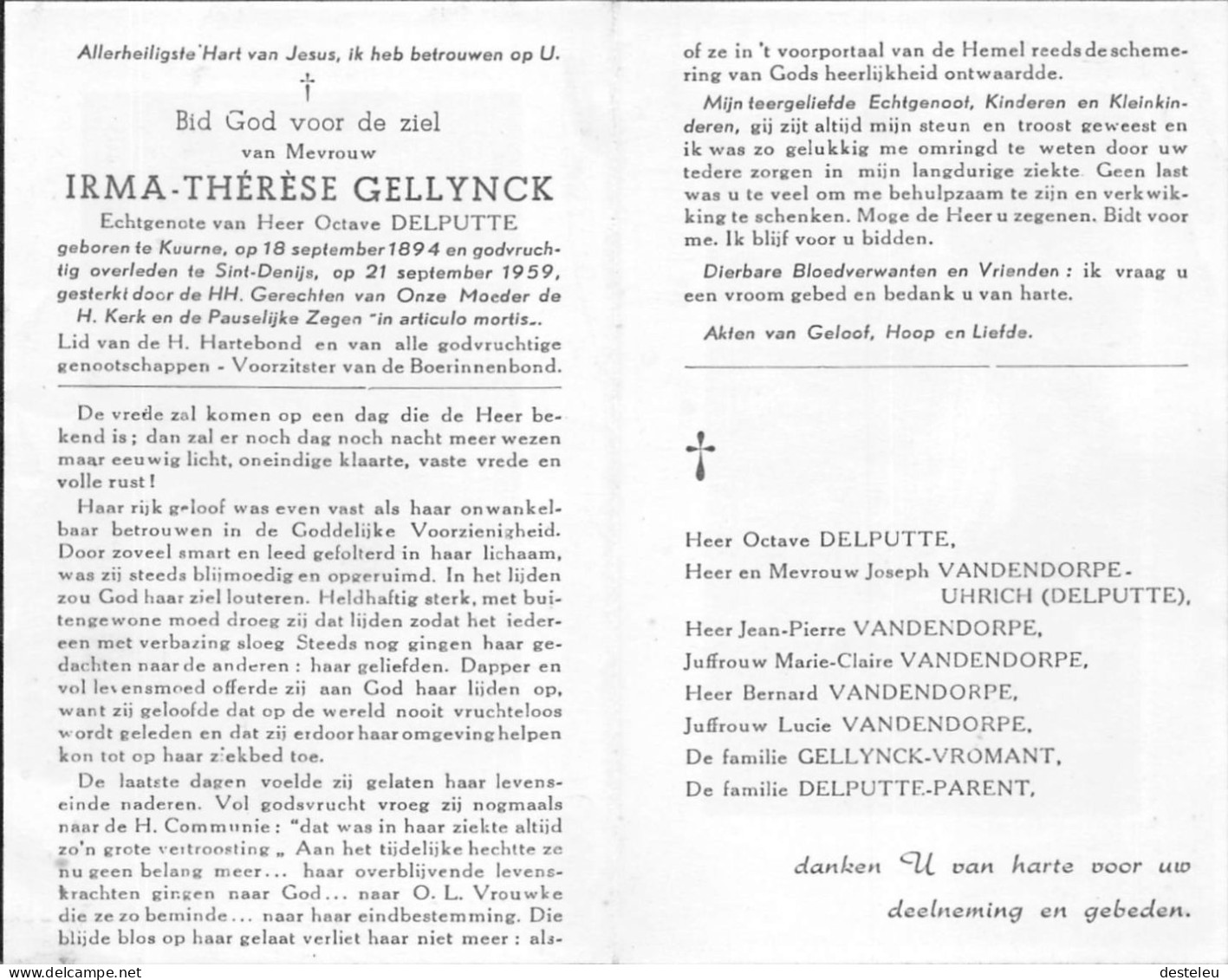 Doodsprentje / Image Mortuaire Irma-Thérèse Gellynck - Delputte Kuurne Sint-Denijs 1894-1959 - Obituary Notices