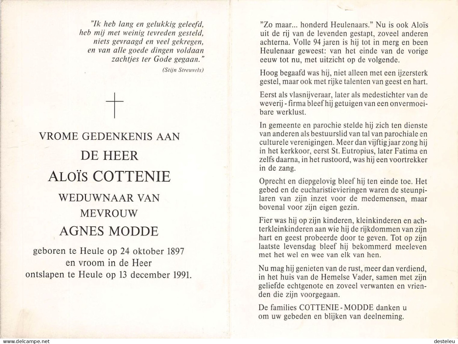 Doodsprentje / Image Mortuaire Aloîs Cottenie - Modde Heule 1897-1991 - Décès