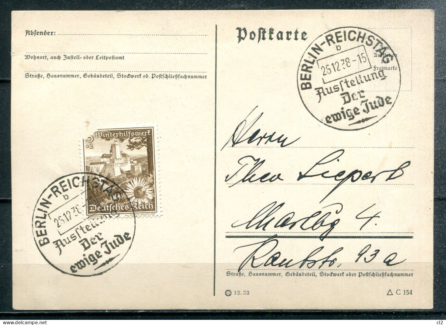 ALLEMAGNE - 25.12.38 - BERLIN-REICHSTAG - Austellung Der Ewige Jude - Lettres & Documents