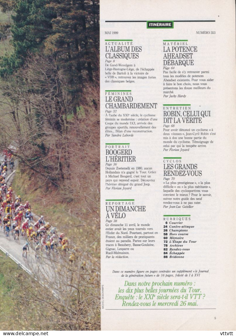 VELO MAGAZINE, Mai 1999, N° 353, Frank Vandenbroucke, Michael Boogerd, Potence Aheadset, Jean-Cyril Robin,Tom Steels... - Sport